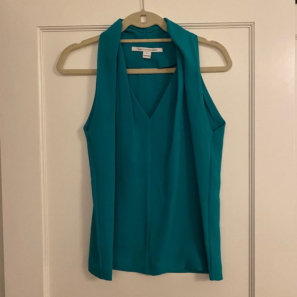 DVF Draped V-Neck Sleeveless Blouse, Size S/P, Teal blue